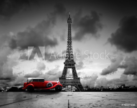 Bild på Effel Tower Paris France and retro red car Black and white